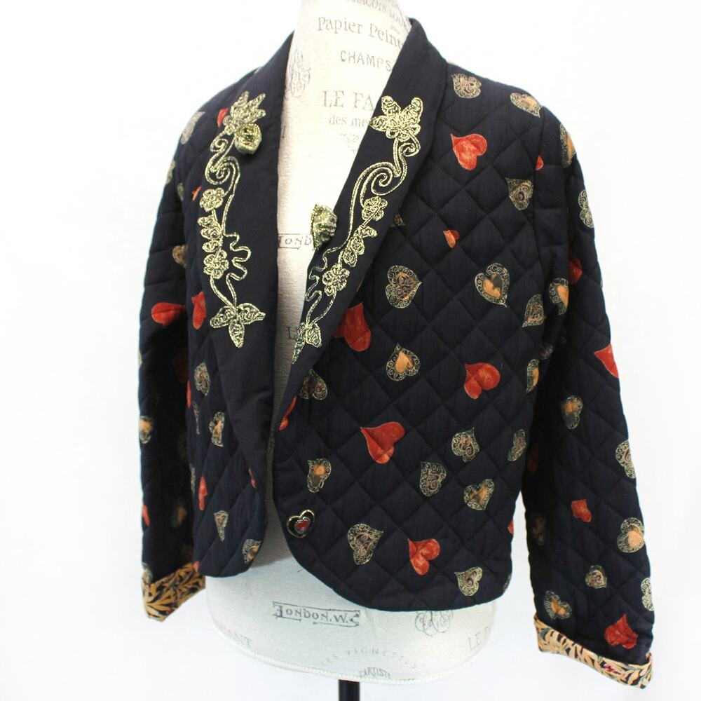 Carole Little Vtg 80's Quilted Blazer Jacket Cottage Grandma Core Hearts Medium